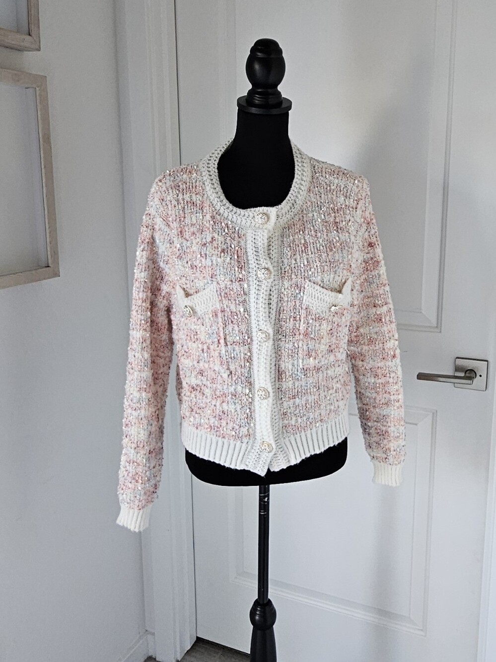 Handmade Women's Cream & Blush Textured Button-Front Cardigan - Picture 10 of 11